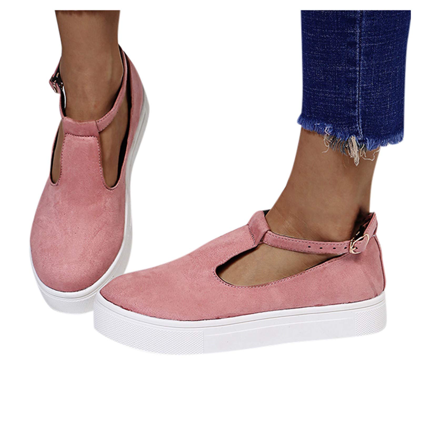 Women's Black Suede Dressy Flats - Comfortable Breathable Buckle Loafers with Ankle Strap | Casual Platform Sneakers for Work, Office & Everyday Wear