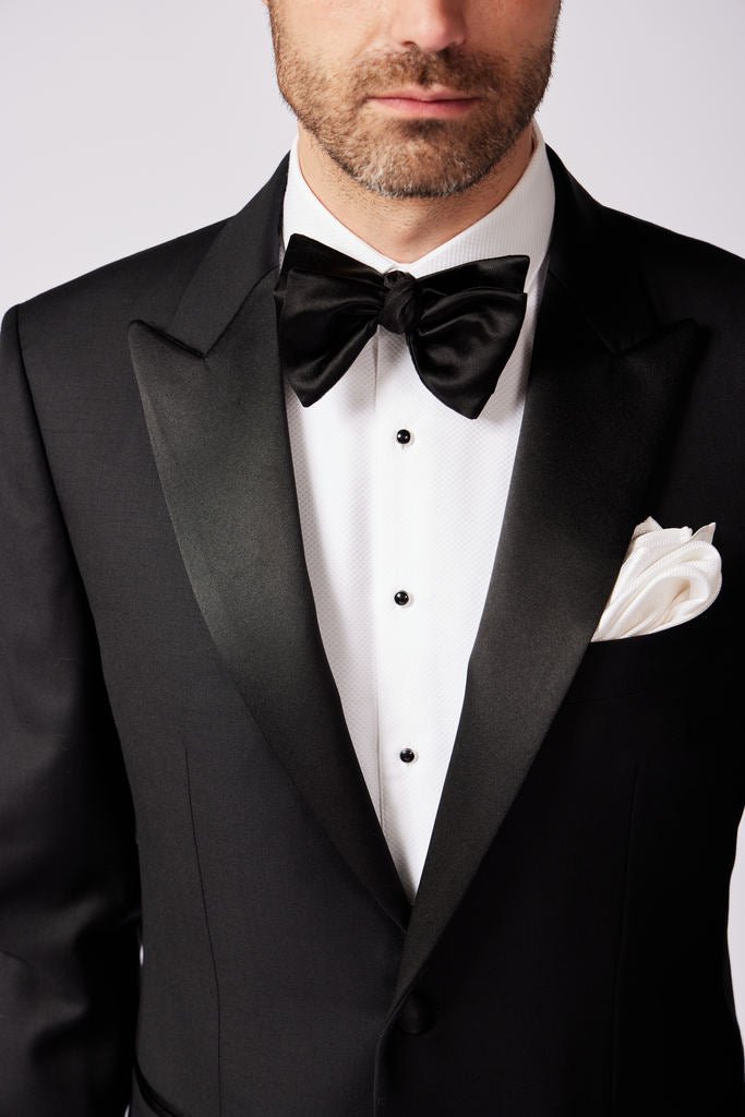 HENRY SARTORIAL X DORMEUIL Men's Peak Collar Merino Wool Dinner Suit - Black, Size Large | Formal Evening Wear, Black Tie Events, Wedding Attire, Luxury Menswear