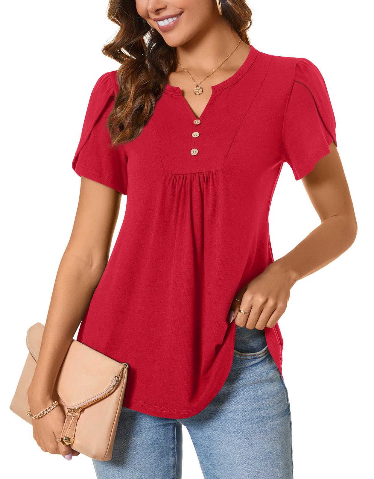 BISHUIGE Women's Casual Summer Tops - V Neck Loose Tunic Blouse with Button Detail, Ruffle Sleeves & Pleated Design | Perfect for Beach Outfits, Vacation Wear & Everyday Casual Style