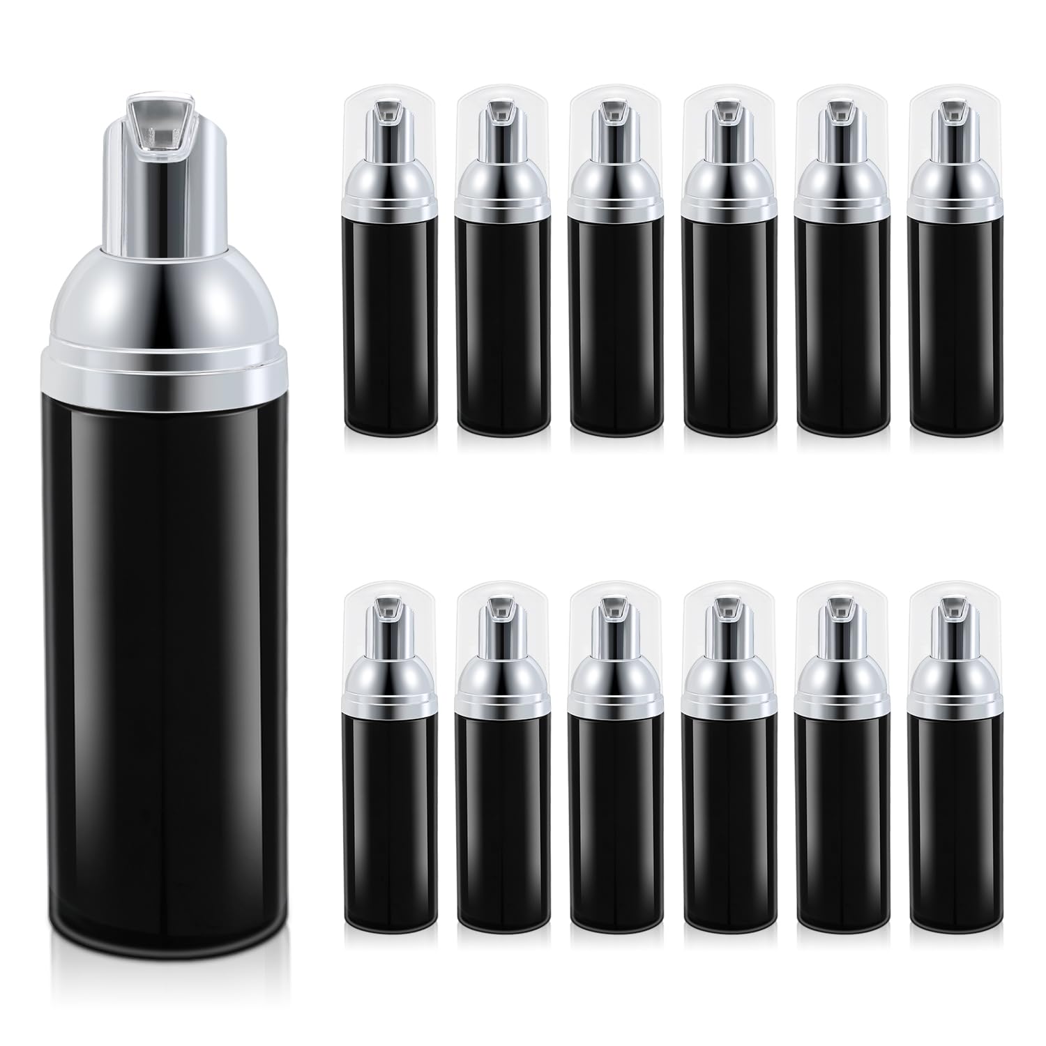 12 Pcs 2 oz Empty Foam Pump Bottles - Mini Travel Foaming Soap Dispenser for Hand Soap, Lash Cleanser & Shampoo (Black + Silver Pump) - Perfect for Travel, Home & Salon Use