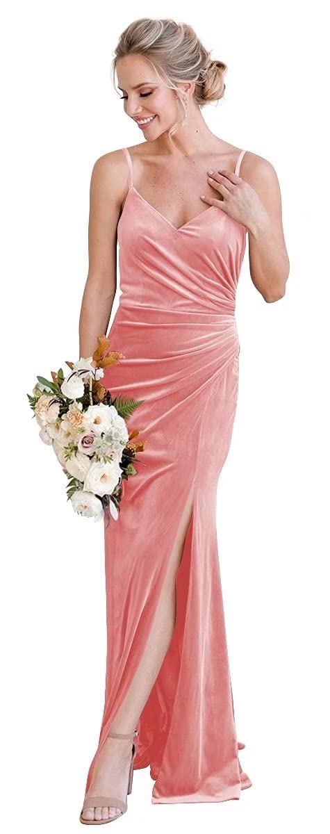 Elegant MQUPIN Women's V-Neck Velvet Bridesmaid Dress with Slit & Ruched Detail - Long Formal Evening Gown for Weddings, Prom, Parties & Special Occasions