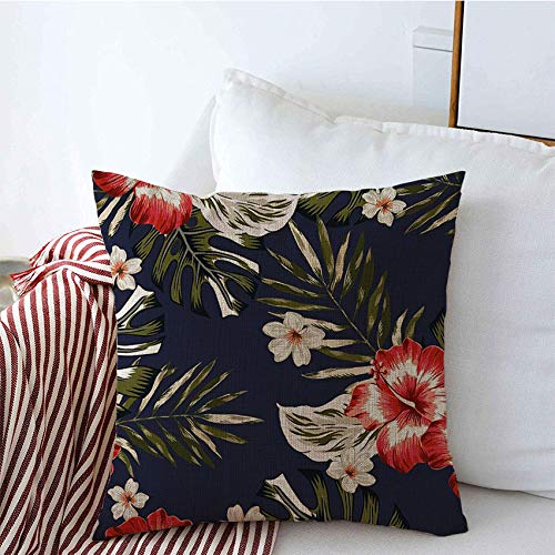 Beach Blossom Tropical Throw Pillow Covers - 16x16 Inch Red Hibiscus & Palm Leaves Floral Design Linen Square Cushion Covers for Sofa, Couch, Bedroom Decor - Perfect for Coastal, Vacation & Spring Home Styling
