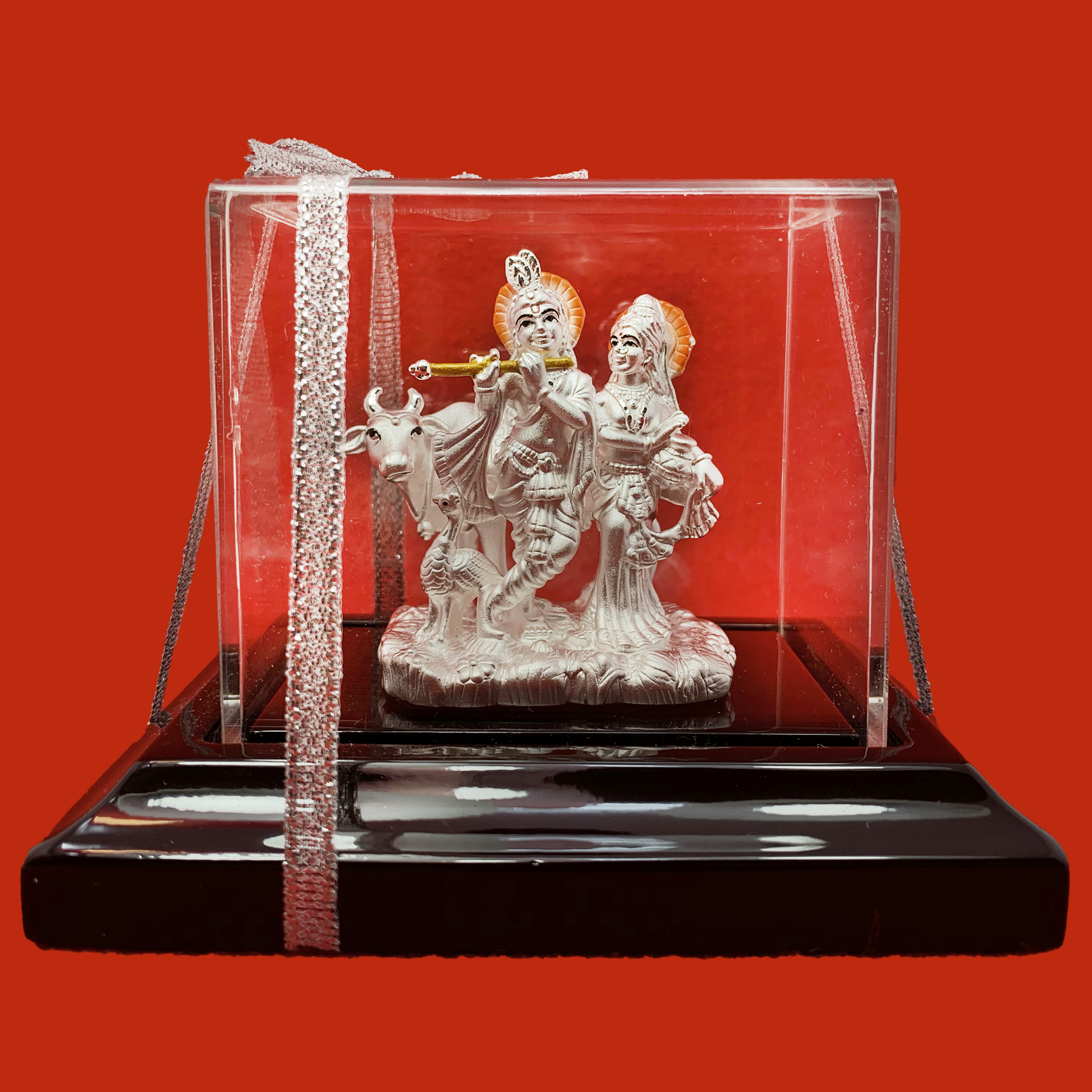 999 Pure Silver Radha Krishna Idol with Cow & Peacock - Hindu God Statue for Home Altar, Puja Worship & Spiritual Decor