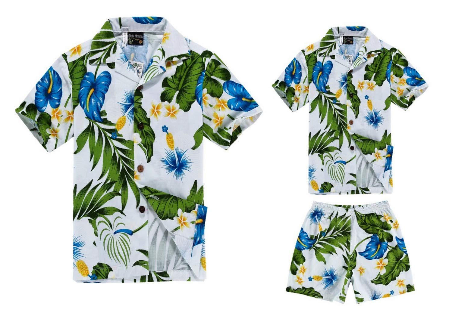 **Matching Father and Son Hawaiian Luau Outfits - Men's Aloha Shirt & Boys' Shirt with Shorts Set - White & Blue Calla Print - Perfect for Beach Parties, Family Vacations, and Tropical Themed Events**