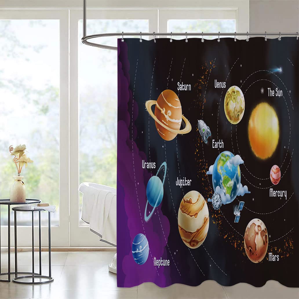 Galaxy Shower Curtain Set - Space Decor with Planets Universe Illustration - 63x72 Inch Bathroom Curtain for Modern Home Decor - Perfect for Astronomy Lovers & Sci-Fi Themed Bathrooms