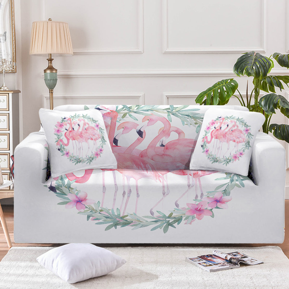 Stylish Flamingo Print Sofa Cover - Soft Stretchable Couch Protector for Living Room, Home Decor - Perfect for Pet Owners & Family Gatherings
