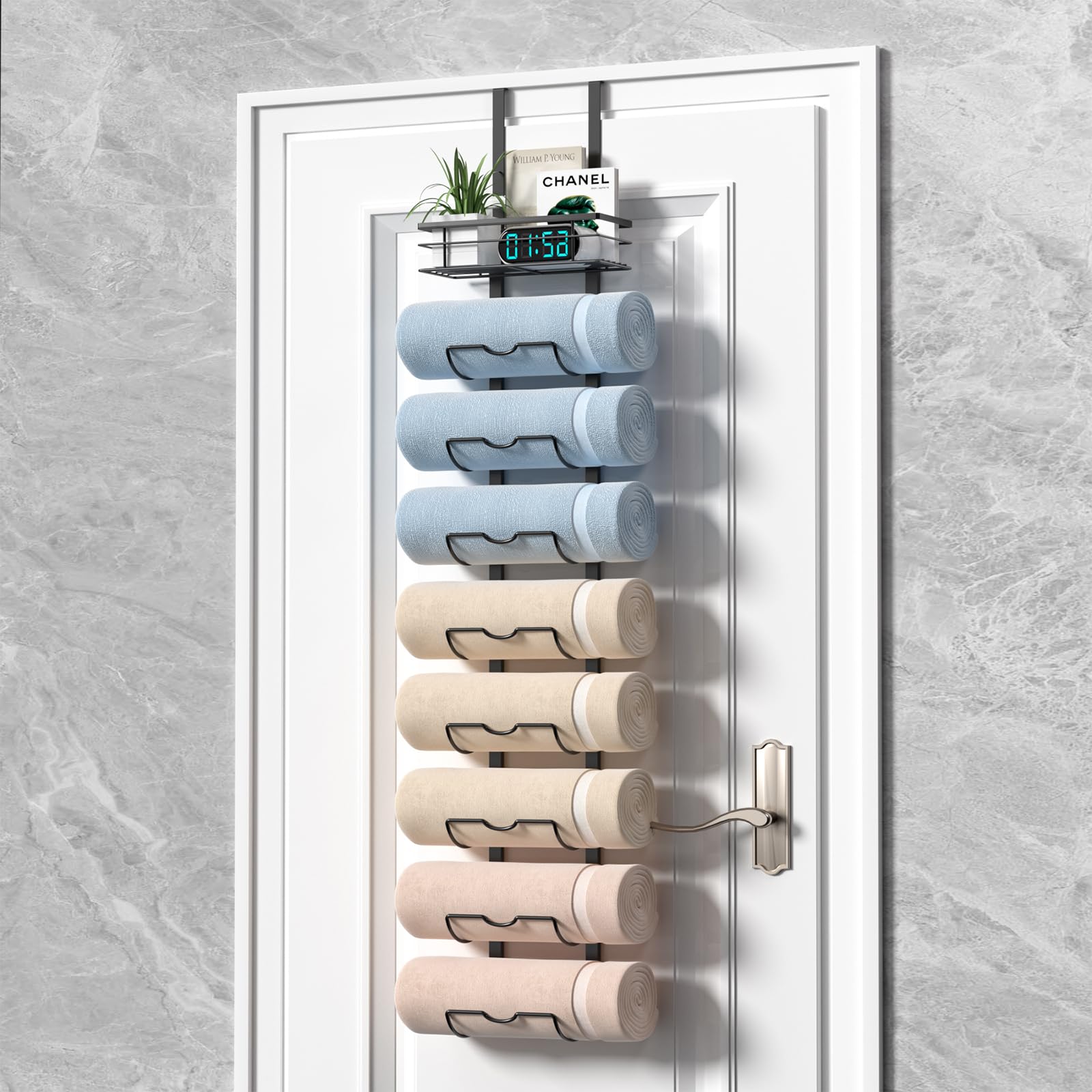 9-Tier Over The Door Towel Rack - Space-Saving Bathroom Organizer with Storage Basket for Rolled Towels, Hand Towels & Toiletries - Perfect for Small Bathrooms, Apartments & Dorms (Black)