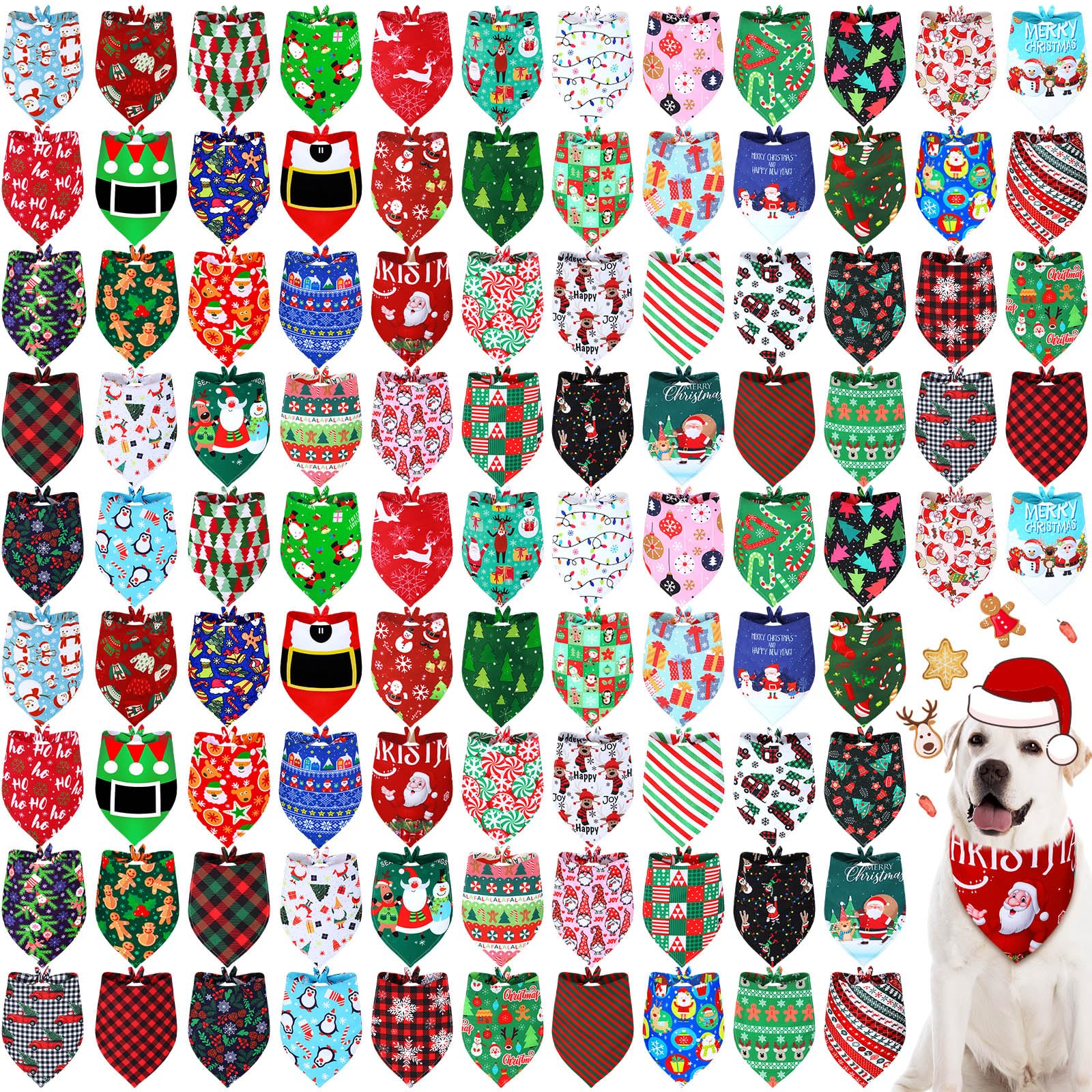 100 Pcs Christmas Dog Bandanas Bulk - Holiday Triangle Bibs Scarf for Dogs & Cats - Soft Breathable Pet Accessories for Large Dogs & Puppies - Perfect for Xmas Parties, Pet Photos & Festive Celebrations