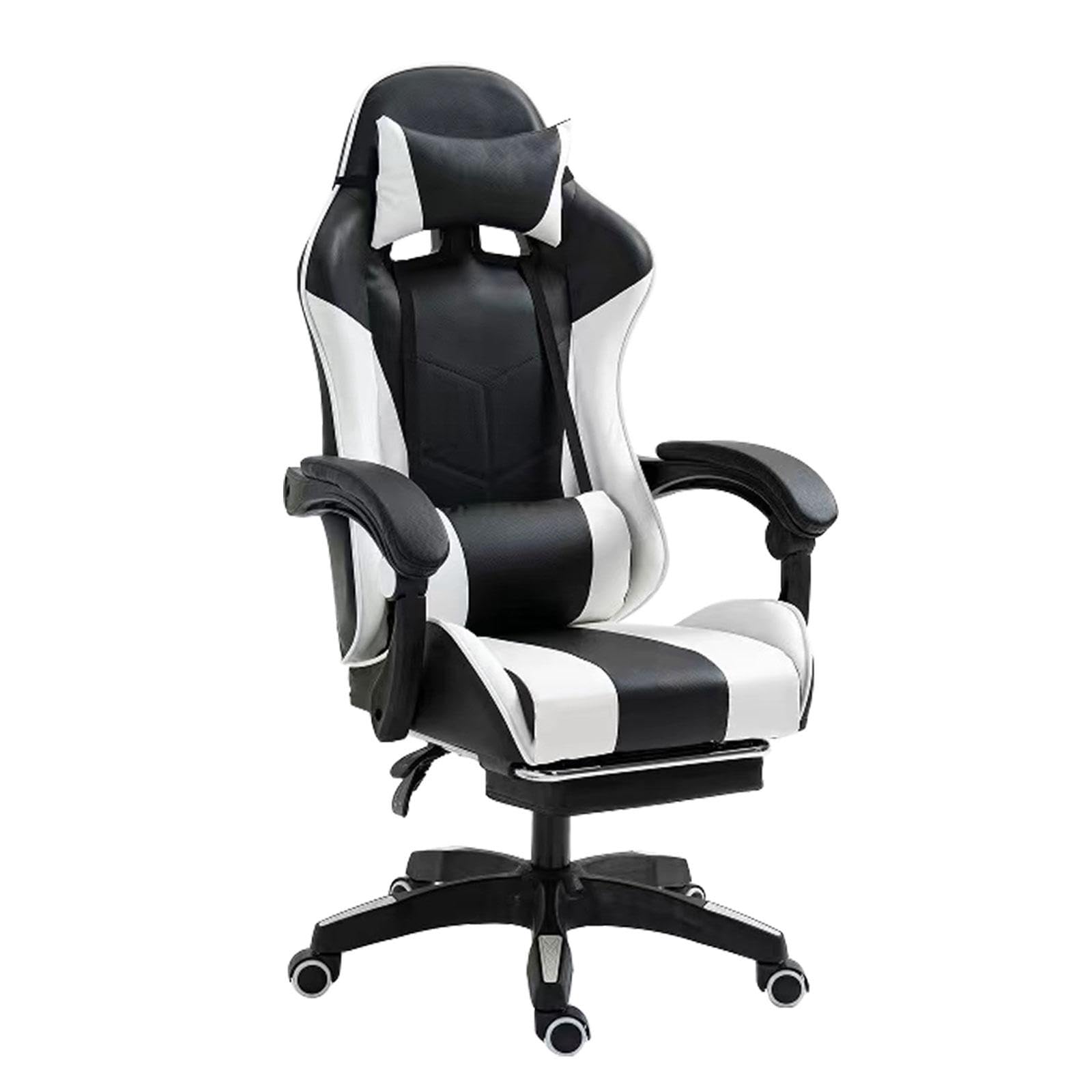 Ergonomic Gaming Chair with Footrest & Lumbar Support - High Back Racing Office Chair with Adjustable Headrest - White Leather Computer Chair for Home Office, Gaming Setup & Streaming Studio