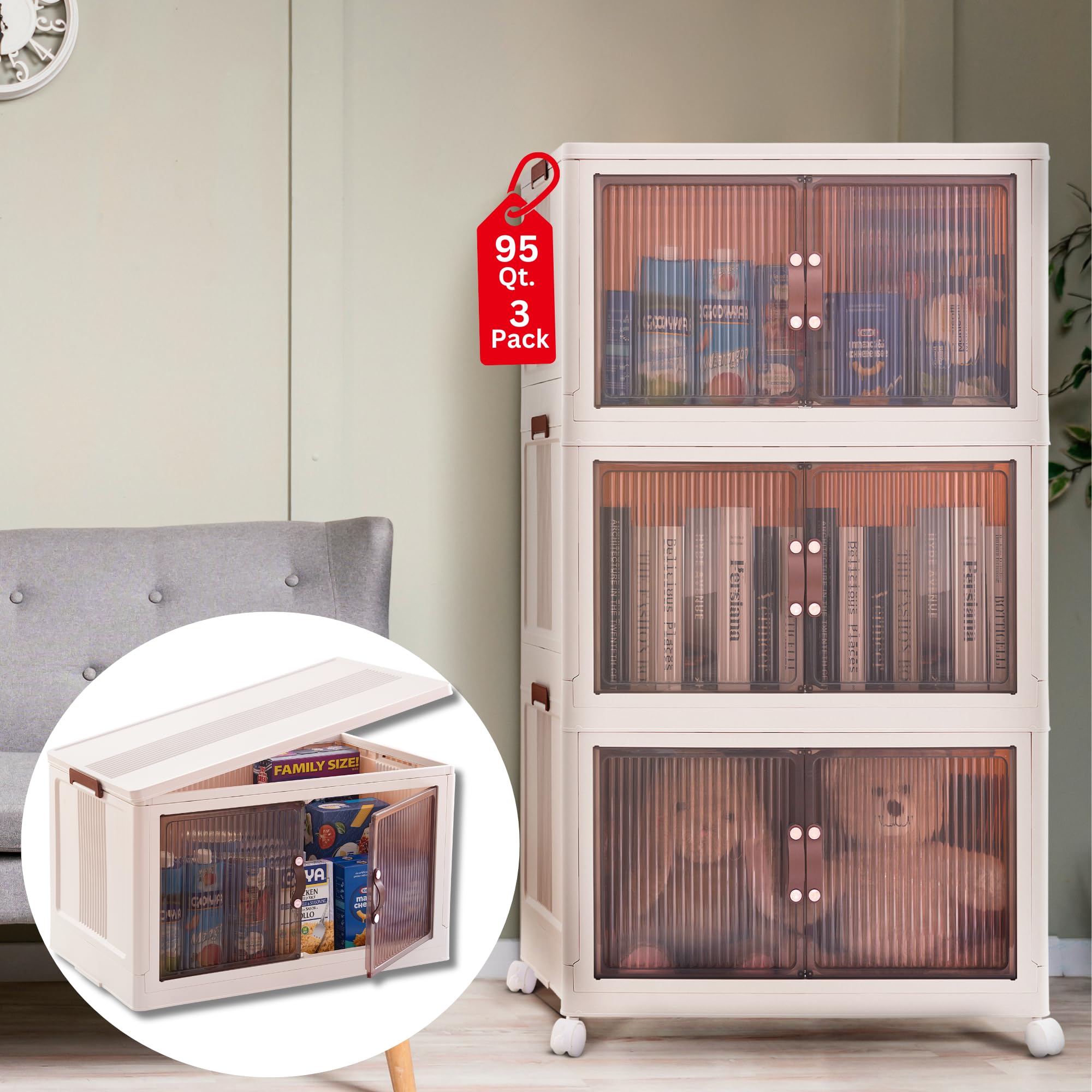 3-Tier Large Foldable Storage Bins with Lids - 95 Qt (285 Qt Total) Magnetic Door Stackable Organizers with Leather Handles & Wheels - Collapsible Storage Containers for Home, Office, Garage, and Closet Organization