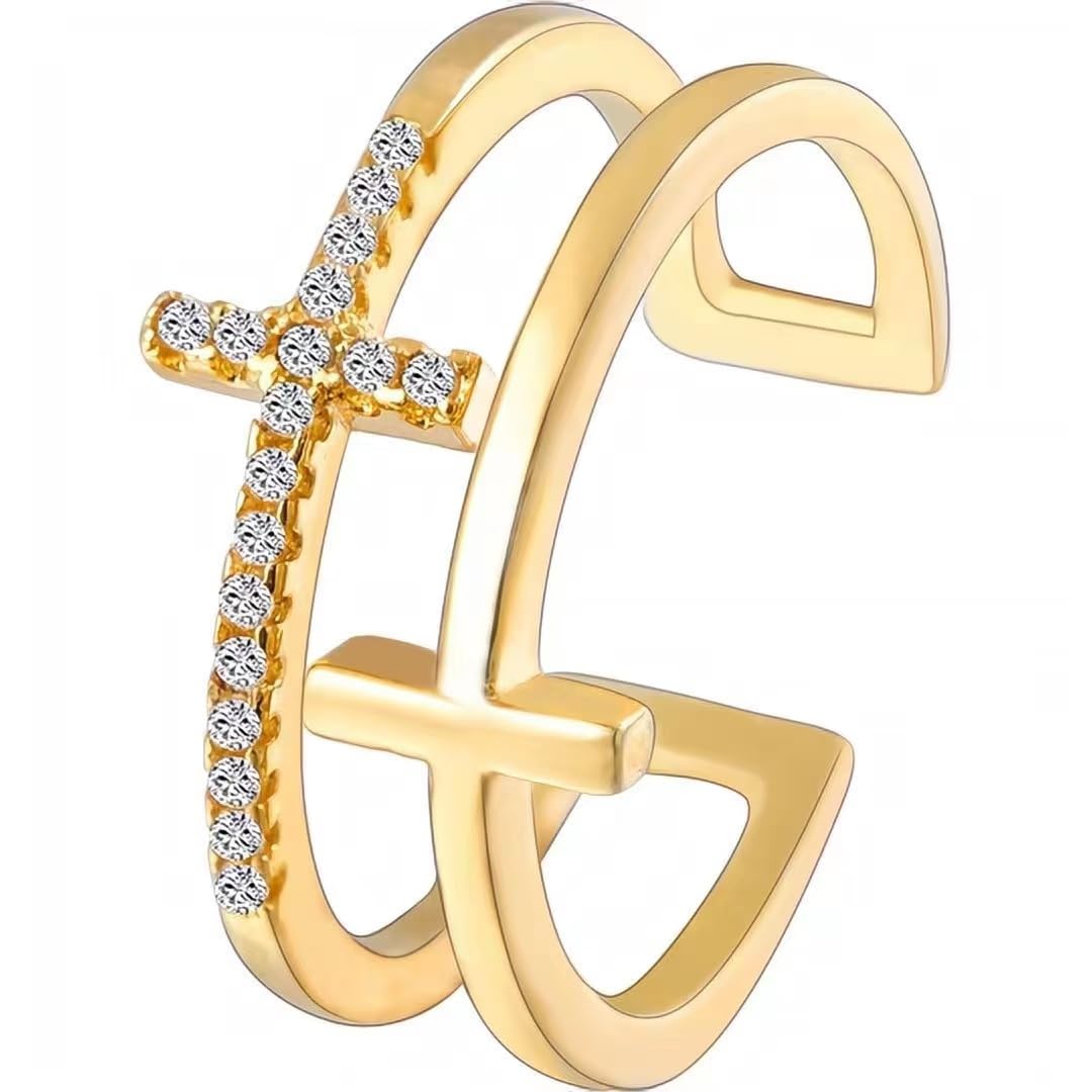 18K Gold Plated Cubic Zirconia Double Cross Ring - Adjustable Silver Religious Jewelry for Women & Men - Perfect for Church, Weddings & Christian Gifts