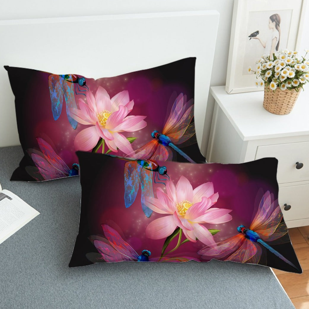 Dragonfly and Lotus Pillow Sham - Elegant Bohemian Decorative Pillow Cover for Bedroom, Living Room, or Nursery - Perfect for Home Decor and Gift Giving