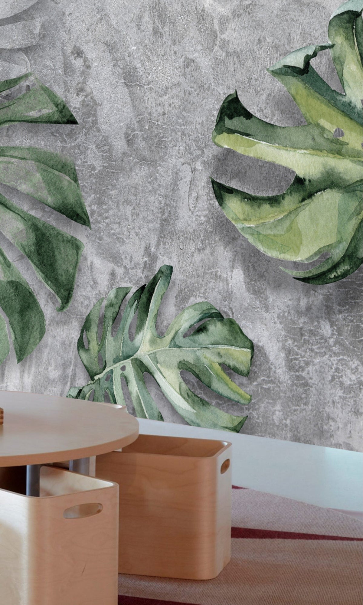 Gray & Green Tropical Leaves Concrete Mural Wallpaper M1224 Sample - Peel and Stick Removable Wallpaper for Bedroom, Living Room, Nursery, Office Decor