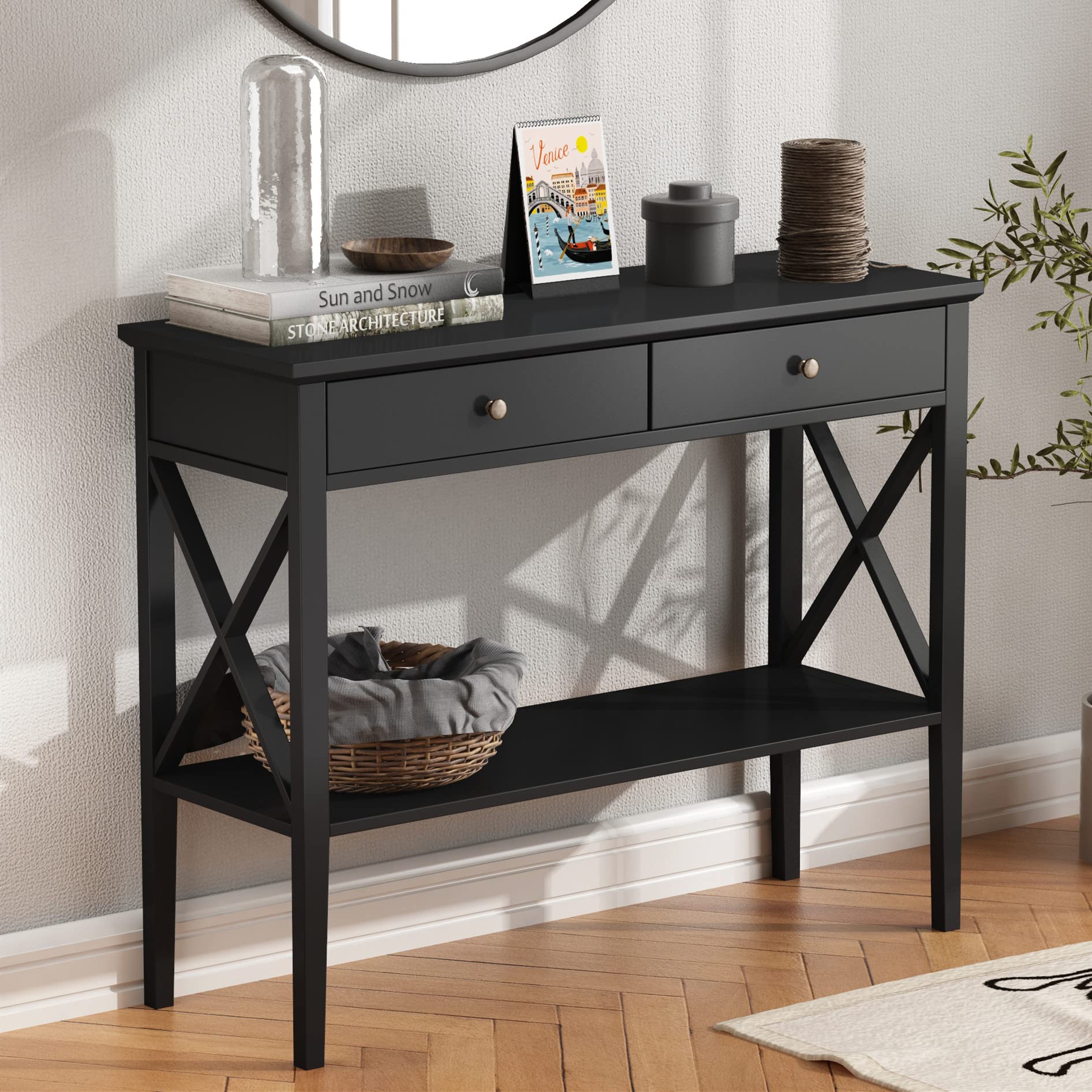 ChooChoo Oxford Console Table with 2 Drawers - Narrow Sofa Table for Entryway, Hallway & Living Room - Black Wooden Entry Table for Small Spaces & Home Decor