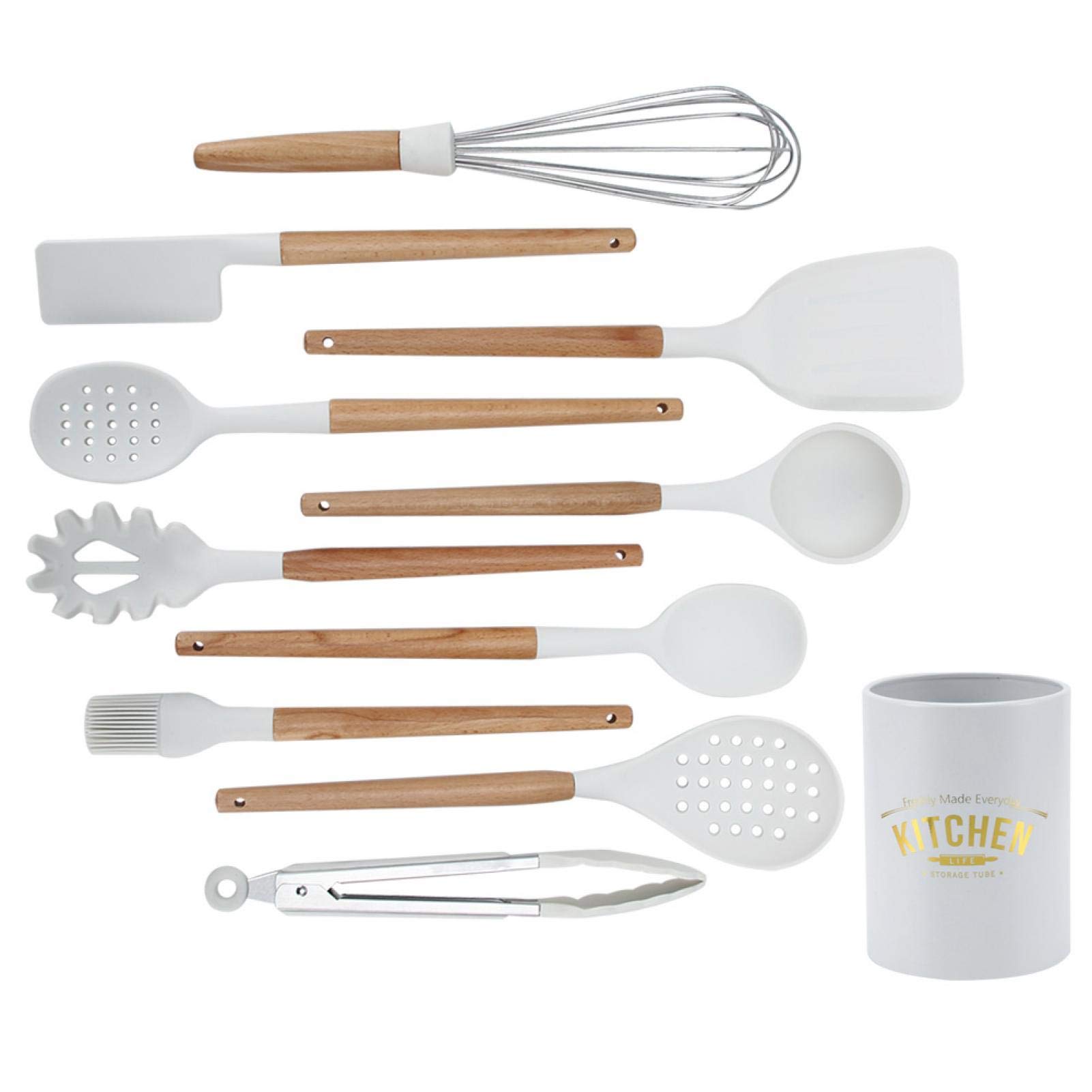 Premium Silicone Cooking Utensils Set - Non-Slip Heat Resistant Kitchen Tools with Wood Grain Texture - Essential Kitchen Accessories for Home & Restaurant Cooking, Baking, and Meal Prep