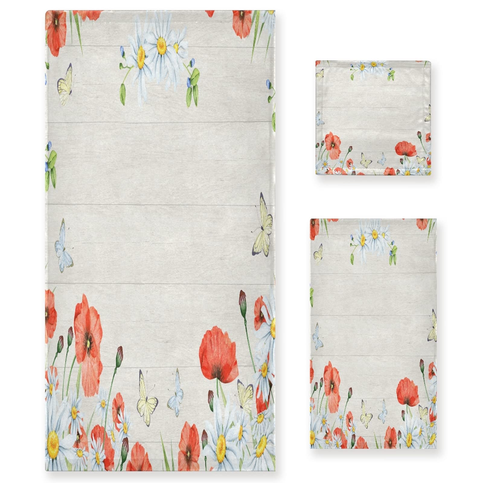 Poppies Red Floral and Chamomiles Bath Towel Set - 3 Piece Soft Absorbent Towels (1 Bath Towel, 1 Hand Towel, 1 Washcloth) for Home, Kitchen, Hotel, Gym, Swim & Spa - Perfect for Bathing, Showering, Poolside Lounging and Spa Relaxation