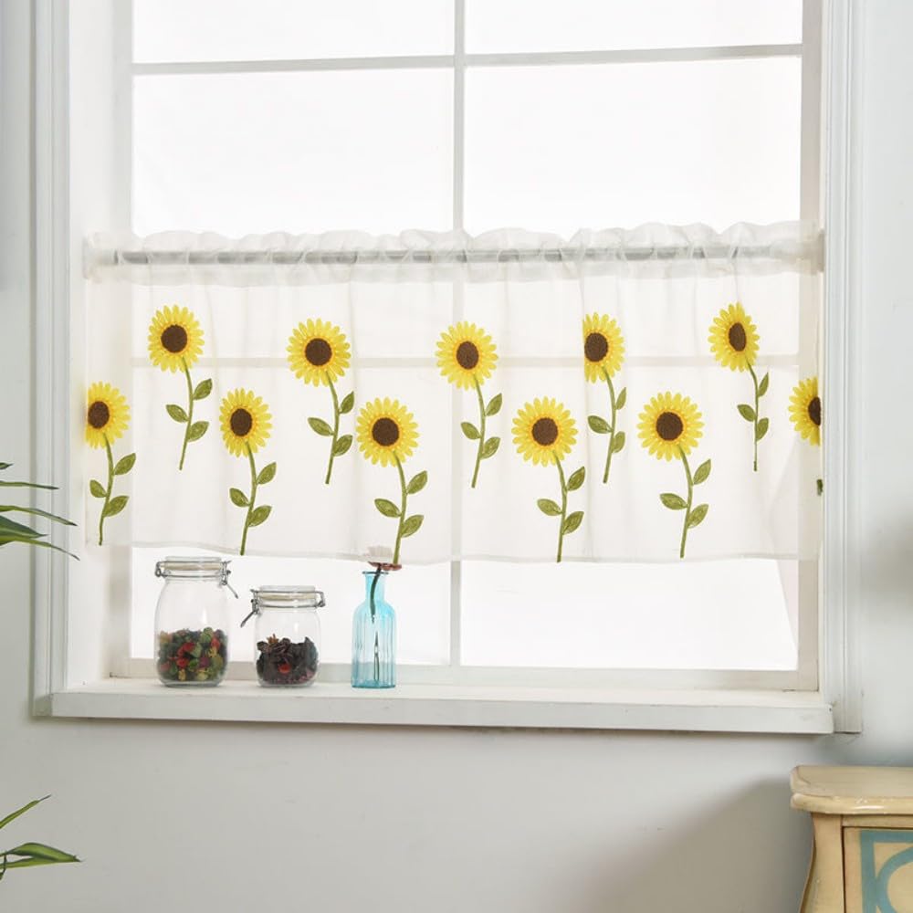 Sunflower Embroidered Voile Sheer Valance Curtain - 39