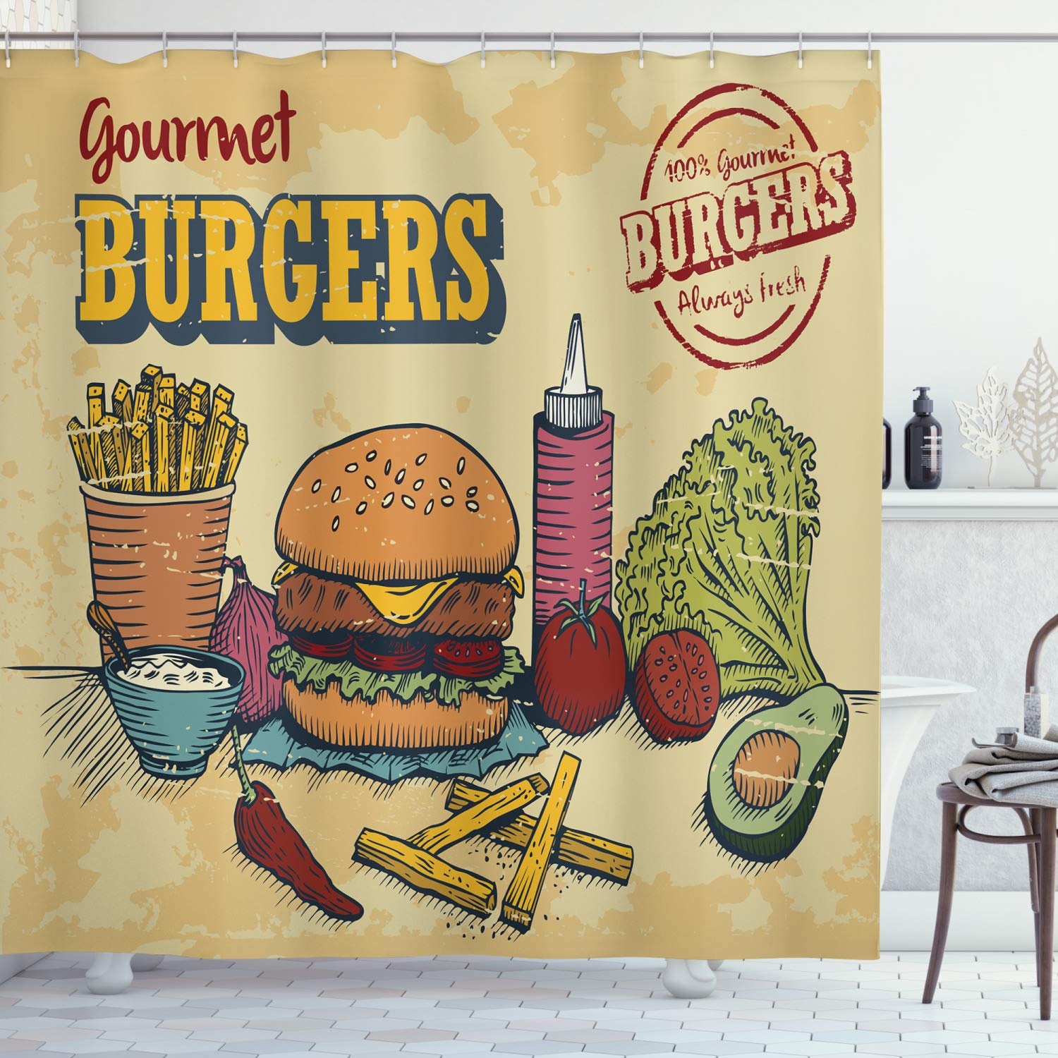 **Ambesonne Retro Hand-Drawn Hamburger Shower Curtain - 75