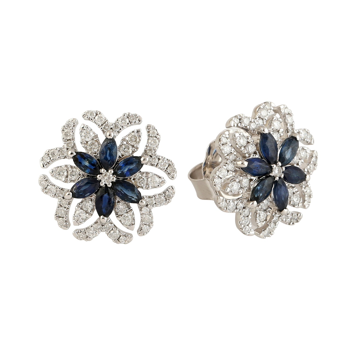 Exquisite 18K White Gold Marquise Blue Sapphire & Diamond Floral Stud Earrings for Women | Elegant Gift for Weddings, Anniversaries & Special Occasions