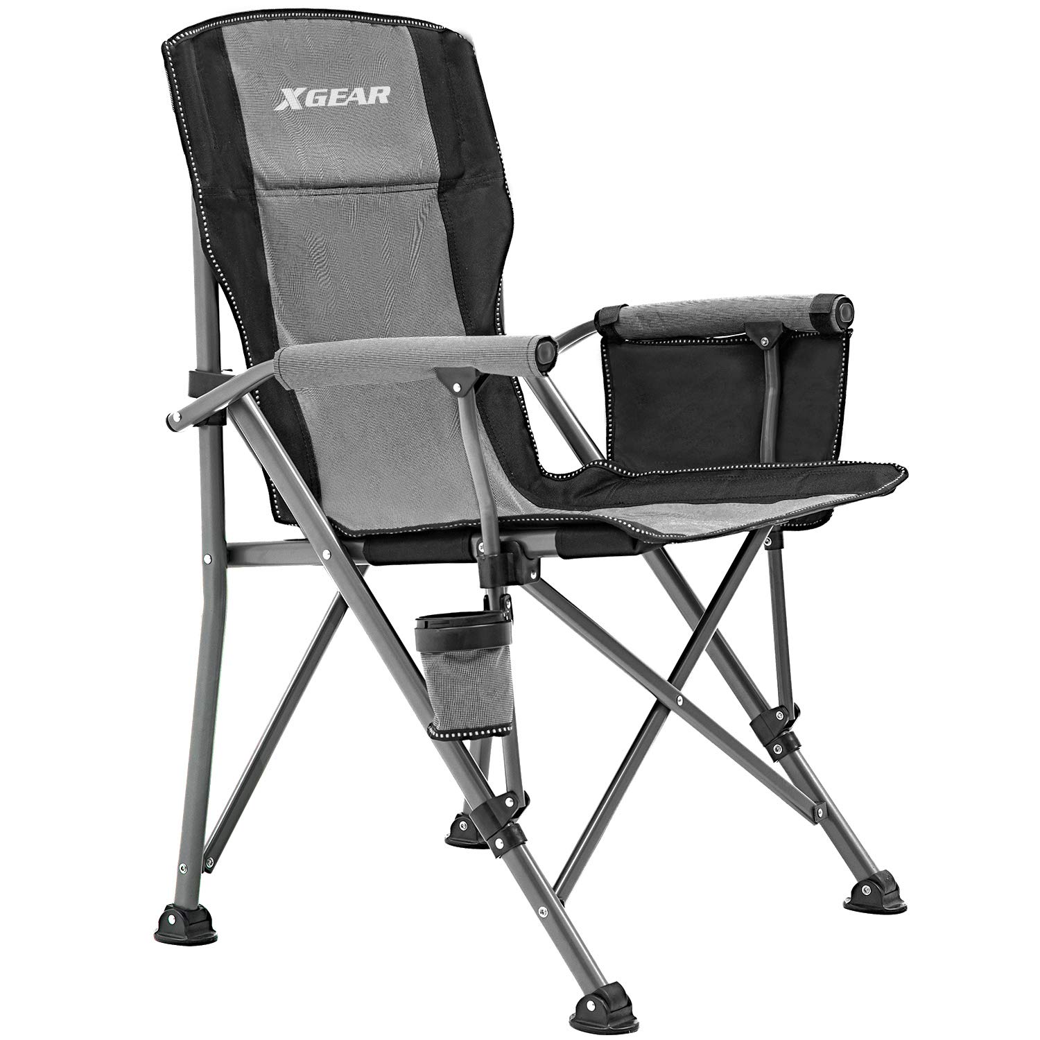XGEAR Heavy Duty Folding Camping Chair for Adults - 300 lbs Capacity with Padded Armrests, Cup Holder & Storage Pockets - Portable Outdoor Chair for Camping, Beach, Backyard, Fishing & Tailgating (Grey) - Includes Carry Bag