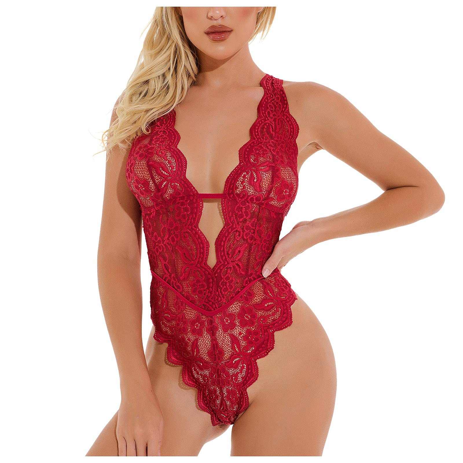 Sexy Red Lace Babydoll Teddy Bodysuit for Women - Deep V Neck One-Piece Lingerie with Corset Shapewear - Long Nightgown for Romantic Nights & Boudoir Photography