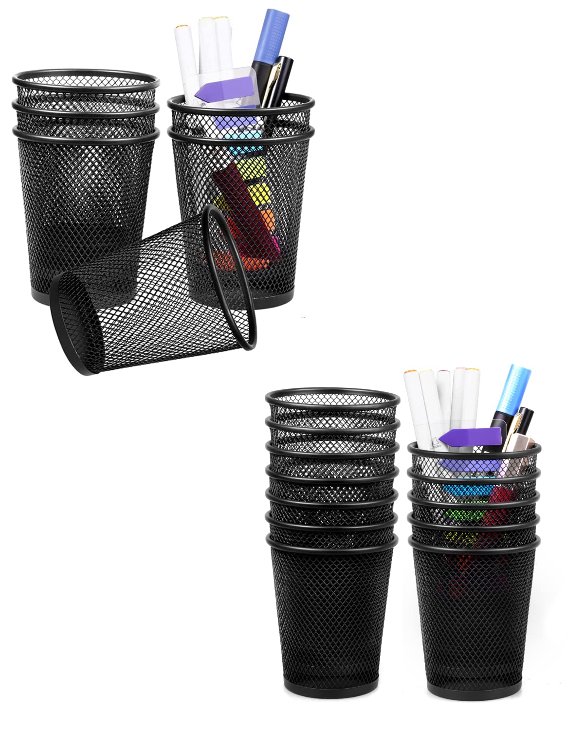 12 Pack Desk Pencil Holders & 6 Pack Metal Pen Cups - Organize Office, School, and Home Workspace Supplies