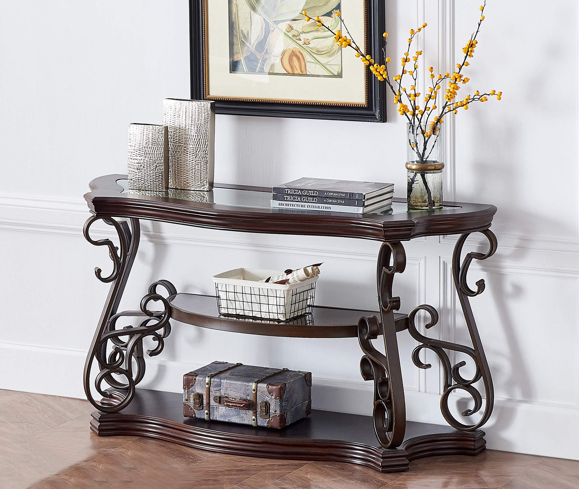 Rhomtree Traditional Console Table with Glass Top, Storage Shelf & Metal Legs - Entryway Sofa Table, Hallway Display Shelf for Home Decor