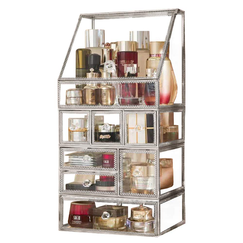 Antique Spacious Mirror Glass Drawer Set - 4-Piece Metal Cosmetic & Jewelry Organizer with Dustproof Design | Perfect for Makeup Vanity, Bedroom Decor, and Jewelry Storage (Silver)
