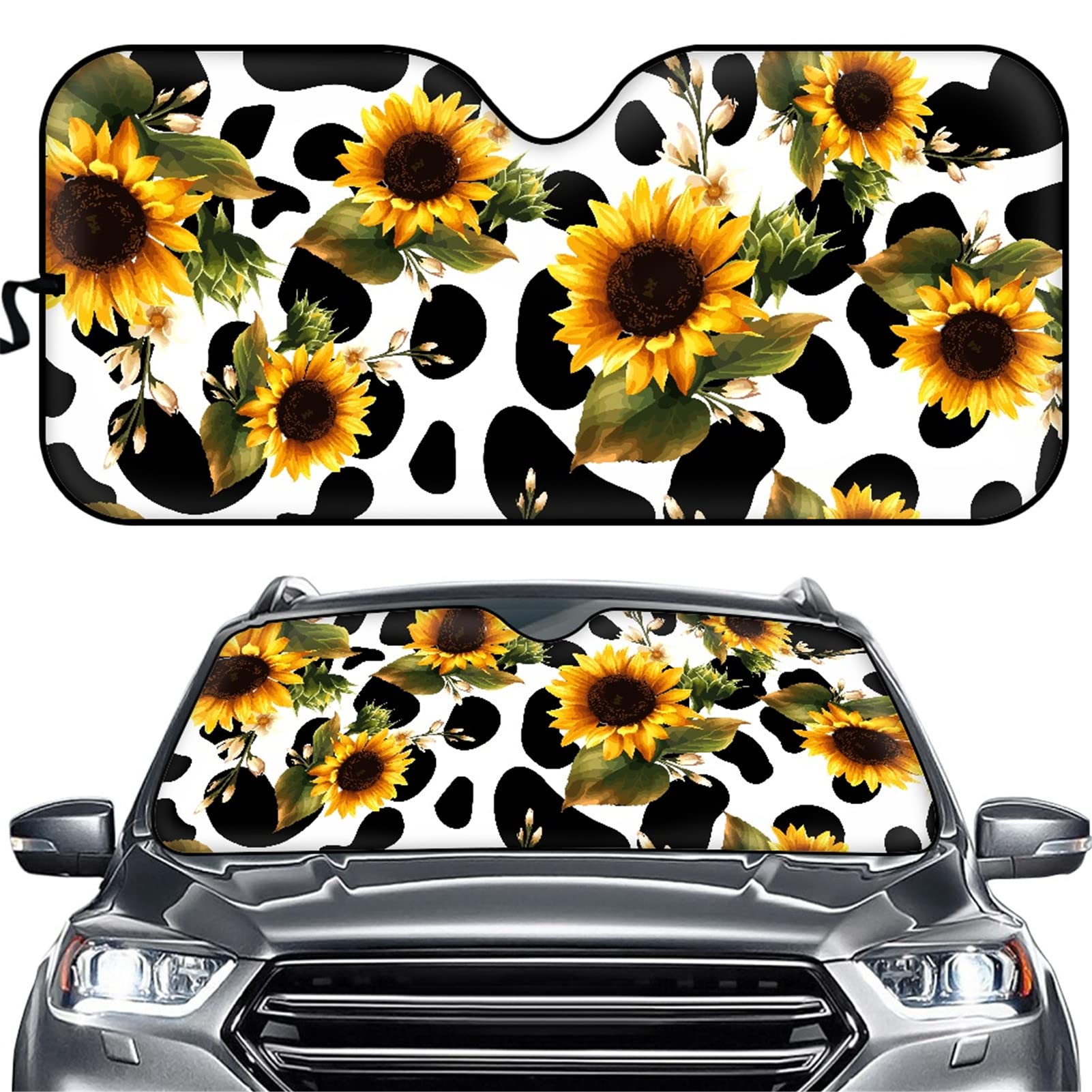 PZZ BEACH Sunflower Cow Car Windshield Sunshade - Foldable Sun Visor for Front Window, Blocks Sunlight & Heat - Perfect for Summer Beach Trips, Road Trips & Parking Protection