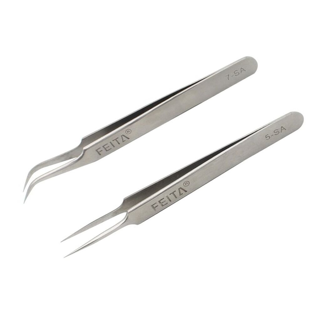 FEITA Professional Eyelash Extension Tweezers Set - Straight & Curved Pointed Fine Tip Tweezers for Lash Extensions, False Lashes & Beauty Salon Use - Silver Stainless Steel 2-Piece Kit for Precise Lash Application