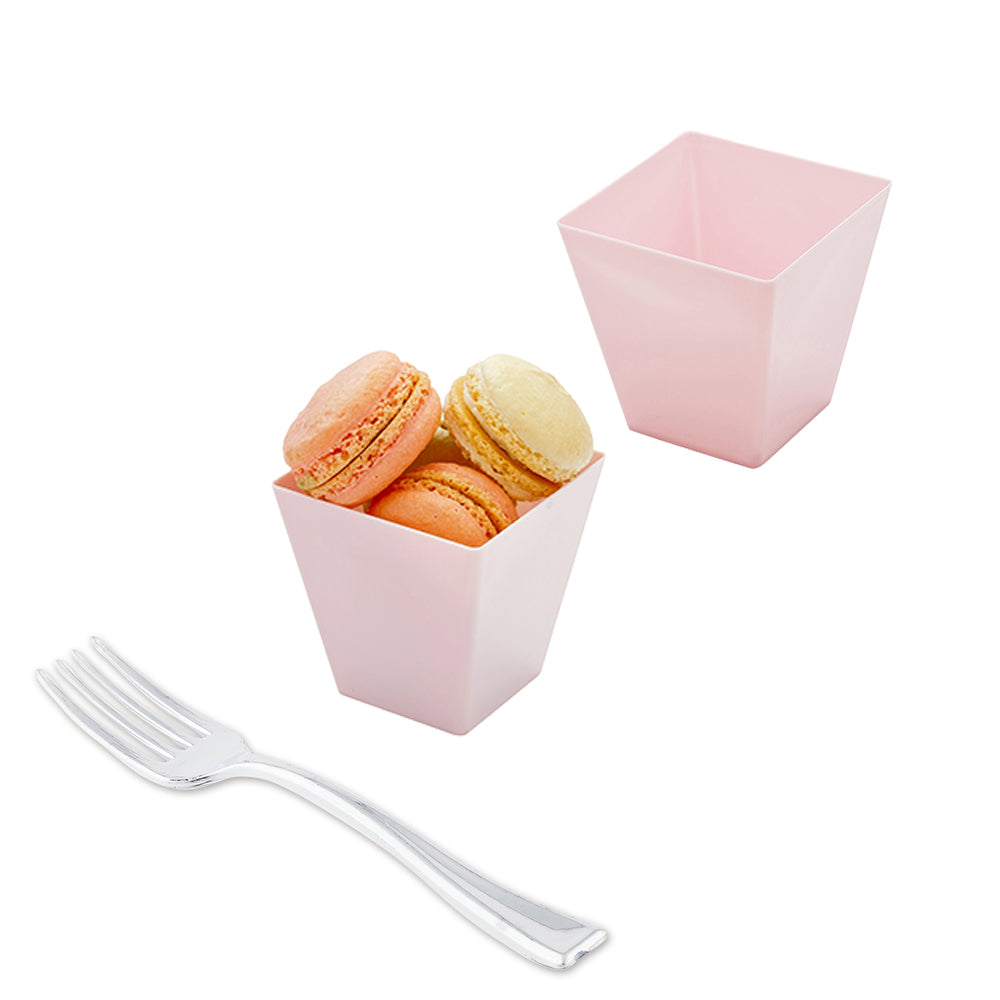100 Pack 8 oz Square Pink Plastic Kova Cups & 100 Silver Mini Forks Set - Perfect for Birthday Parties, Baby Showers, and Wedding Receptions