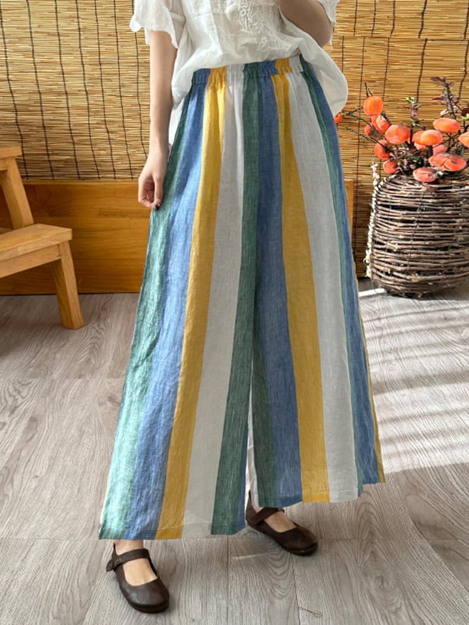 Lovevop Women's Cotton Colorful Stripe Contrast Wide Leg Pants - Comfortable High Waisted Lounge Trousers for Casual Wear & Summer Outfits