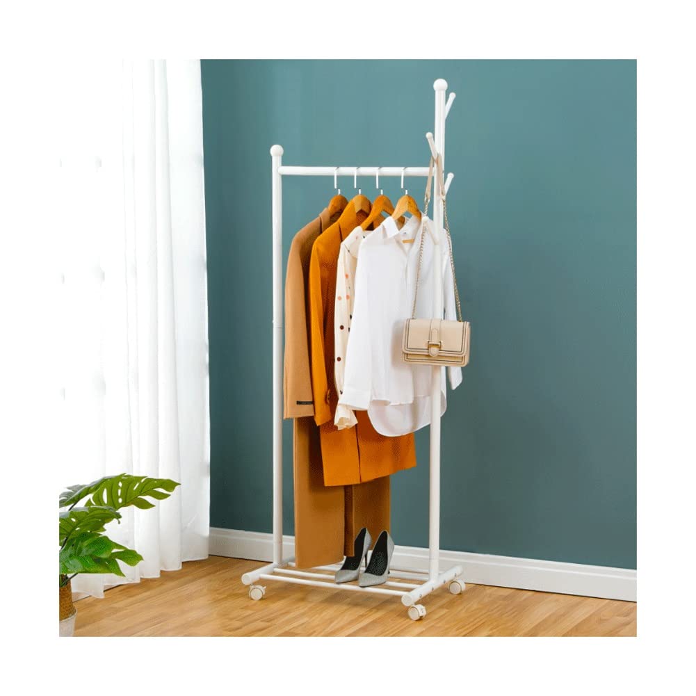 LMZPJ Heavy Duty Rolling Clothes Rack with Shelves - White Metal Garment Rack Organizer 55X43X170cm for Bedroom, Closet & Laundry Room Storage | Space-Saving Wardrobe Solution for Hanging Clothes & Organizing Accessories