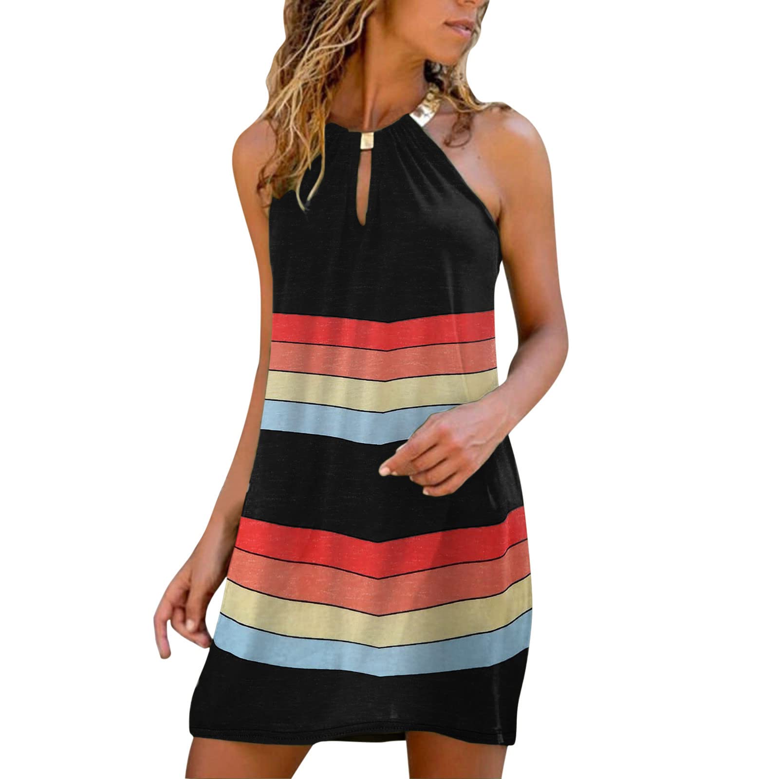 Women's Slim Fit Tunic Dress - Sleeveless Off Shoulder Summer Beach Dress with Striped Print & Hollowed Design | Perfect for Vacation, Pool Party and Casual Outings