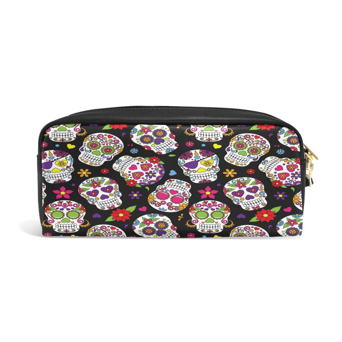 ALAZA Black Floral Print Sugar Skull PU Leather Pencil Case - Stylish Pen Holder for School, Office & Travel - Perfect Makeup Pouch & Cosmetic Bag Organizer