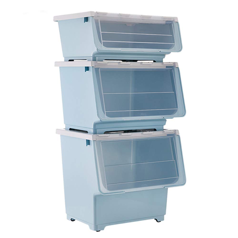 Shozafia Clear Plastic Storage Bins with Lids & Wheels - Stackable Toy Organizer Boxes for Kids Room, Front Opening Containers (Blue, Small/Large/Tall) - Perfect for Playroom, Closet & Garage Organization