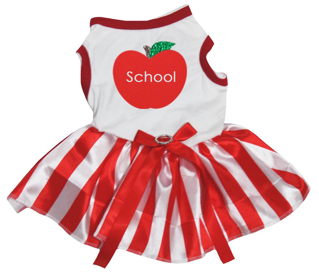 Petitebella School Apple White Shirt with Red & White Stripes Tutu Puppy Dog Dress for Small Dogs - Medium Size, White - Perfect for School Events & Pet Photo Shoots