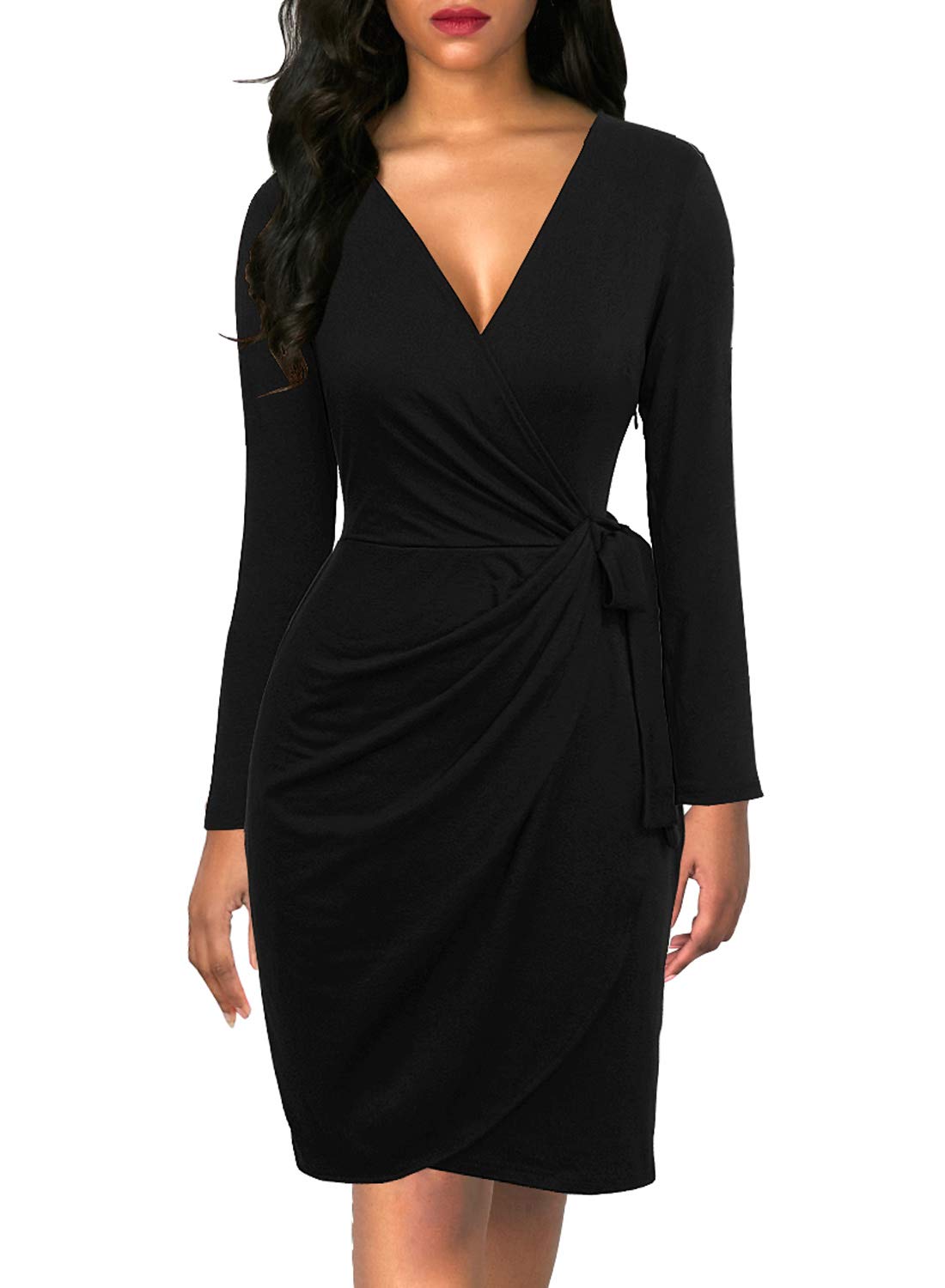 Berydress Women's Black Wrap Dress - Sexy Deep V Neck Long Sleeve Knee-Length Cocktail Party Dress for Evening Events, Date Night & Formal Occasions