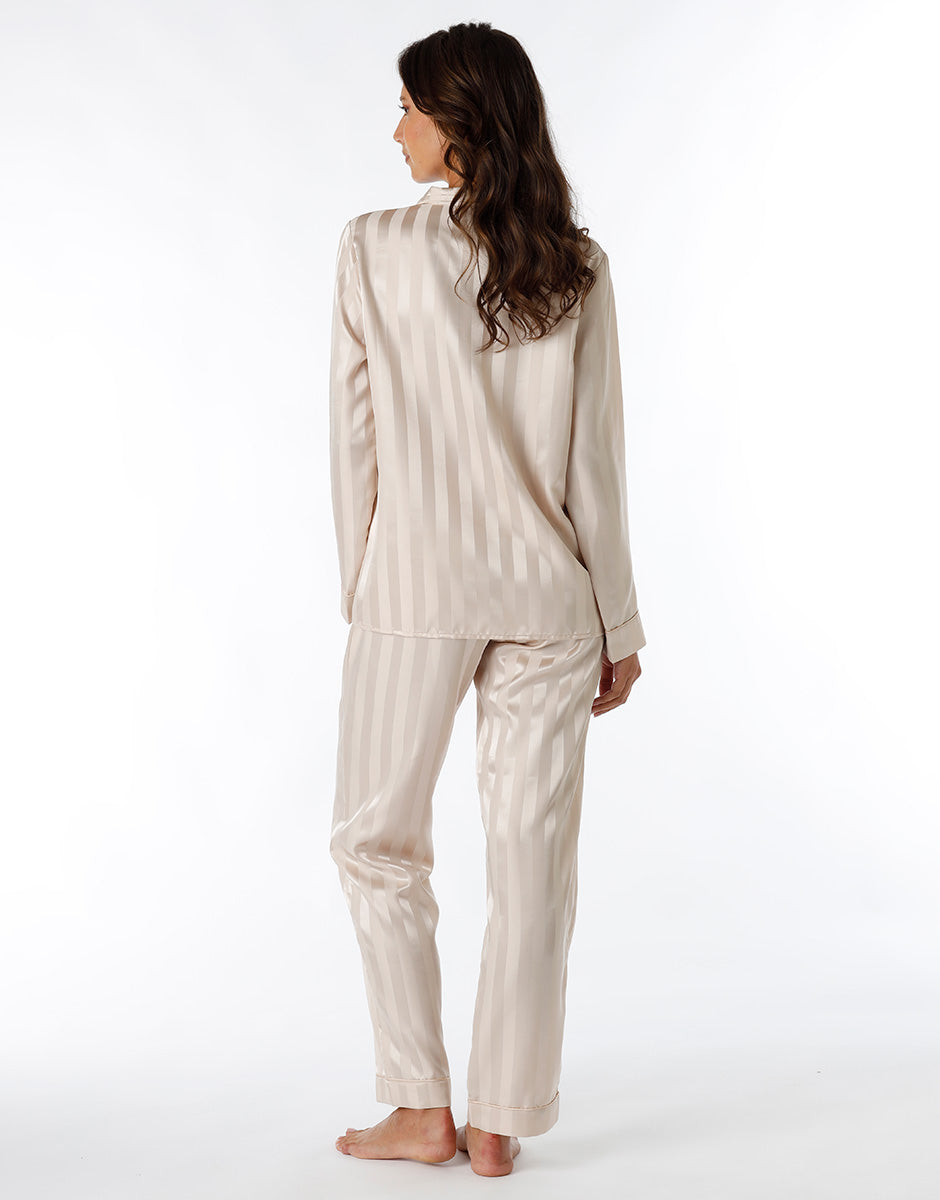 Women's Long Satin Almond Open Front Pajama Set - Elegant Sleepwear for Relaxing at Home & Cozy Lounging