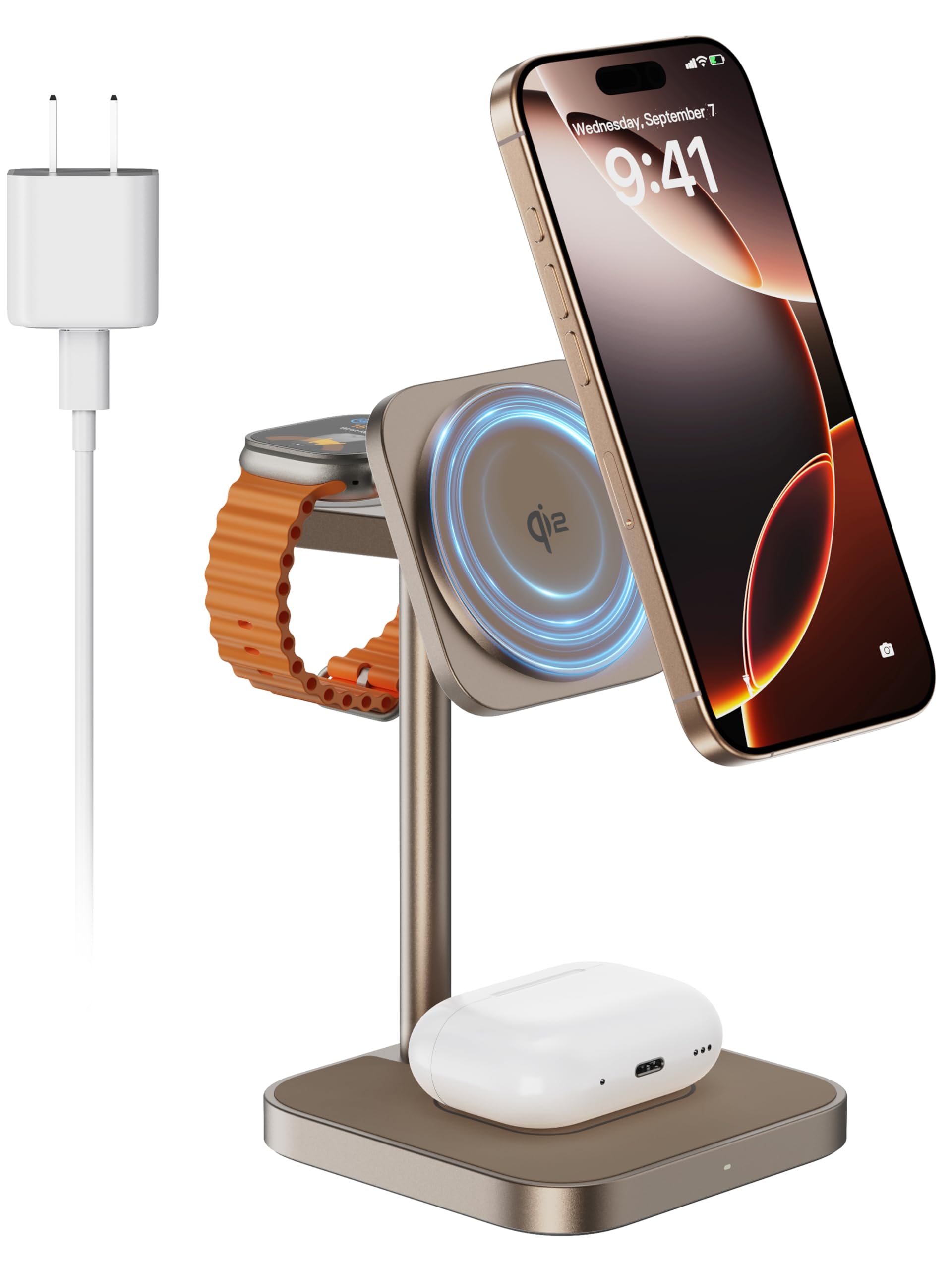 LULULOOK Qi2 Certified 3-in-1 Wireless Charging Station | 15W Fast MagSafe Charger for iPhone 15/14/13 | Compatible with Apple Watch & AirPods | Aluminum Stand with 30W USB-C Adapter (Desert Gold) | Perfect for Home, Office & Nightstand Charging