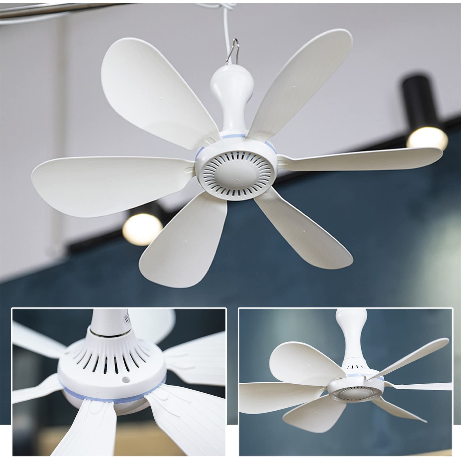 Portable USB Ceiling Fan - Mini Hanging Tent Fan for Camping, Outdoor, Gazebo, Canopy - 5V DC Battery Powered White Fan for Home, Office, RV & Travel Use