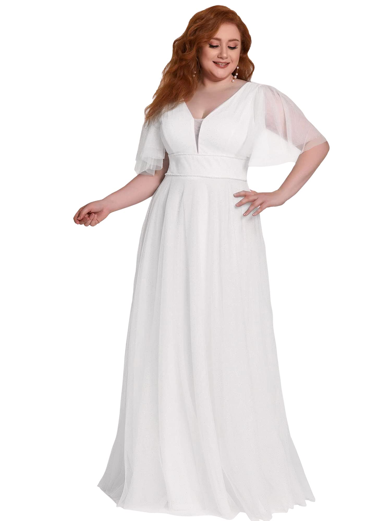 Ever-Pretty Women's Plus Size Illusion Short Sleeve Tulle Dress for Wedding Guest - Flattering A-Line Cut with Flare Sleeves (Style 00278) | Perfect for Cocktail Parties, Bridal Showers & Formal Events