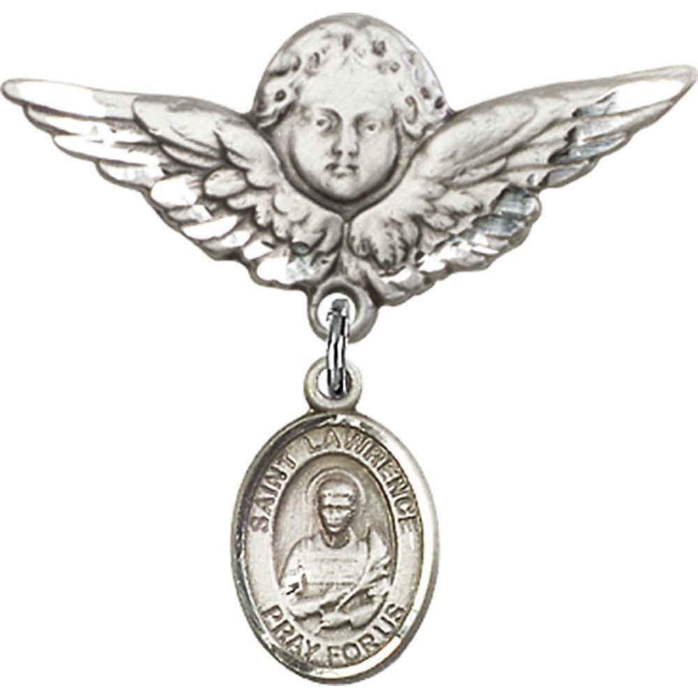 1 1/8 Inch Sterling Silver Baby Badge with St. Lawrence Charm & Angel Wing Pin - Religious Jewelry Gift for Baptism, Christening & Baby Blessings
