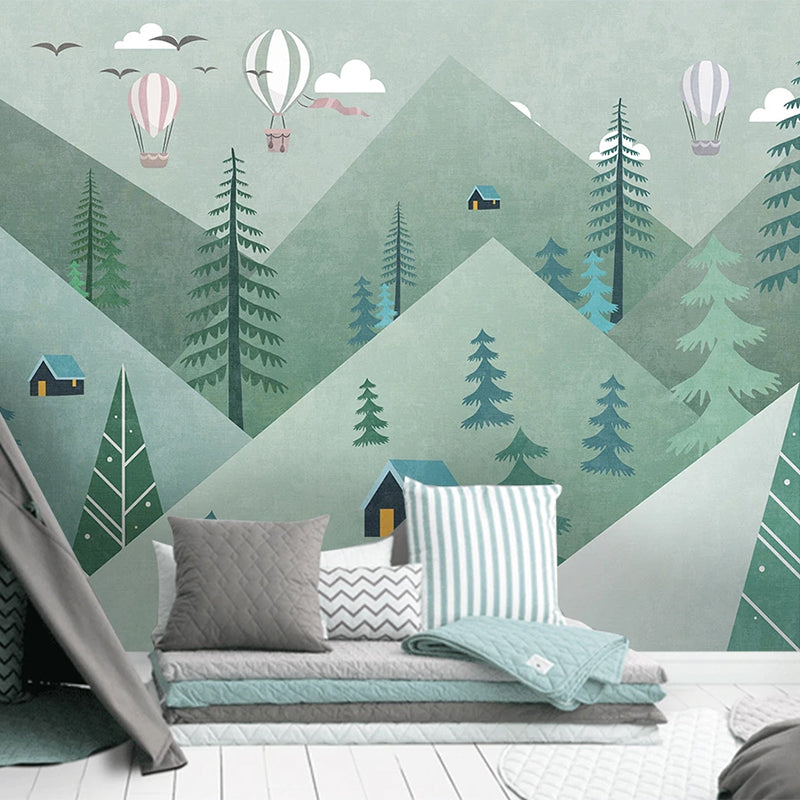 Green Forest Nursery Wallpaper with Air Balloons - Nature-Inspired Kids Room Decor for Baby & Toddler Bedrooms