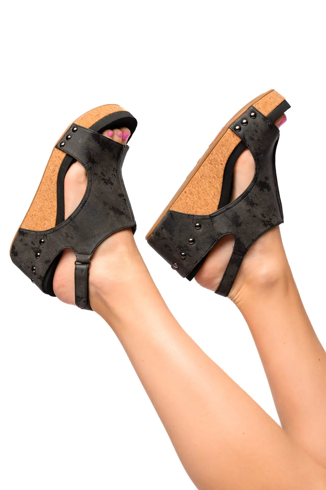 Carley Black Metallic Wedge Sandals for Women - Comfortable Summer Beach Walking Shoes for Outdoor Vacation & Casual Wear