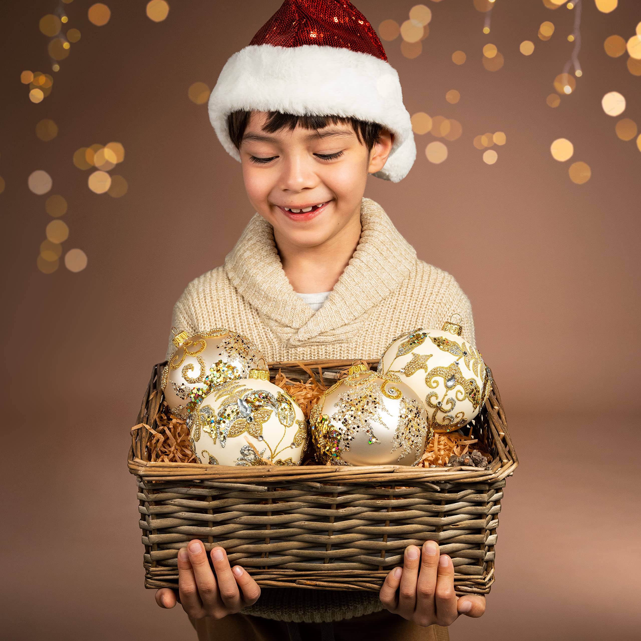 Handmade Polish Glass Christmas Ornaments - Set of 4 Elegant 3.94 Inch Round Holiday Decorations in Gold & Silver for Xmas Tree, Party & Indoor Decor | Perfect for Holiday Gifts, Home Decor & Festive Celebrations