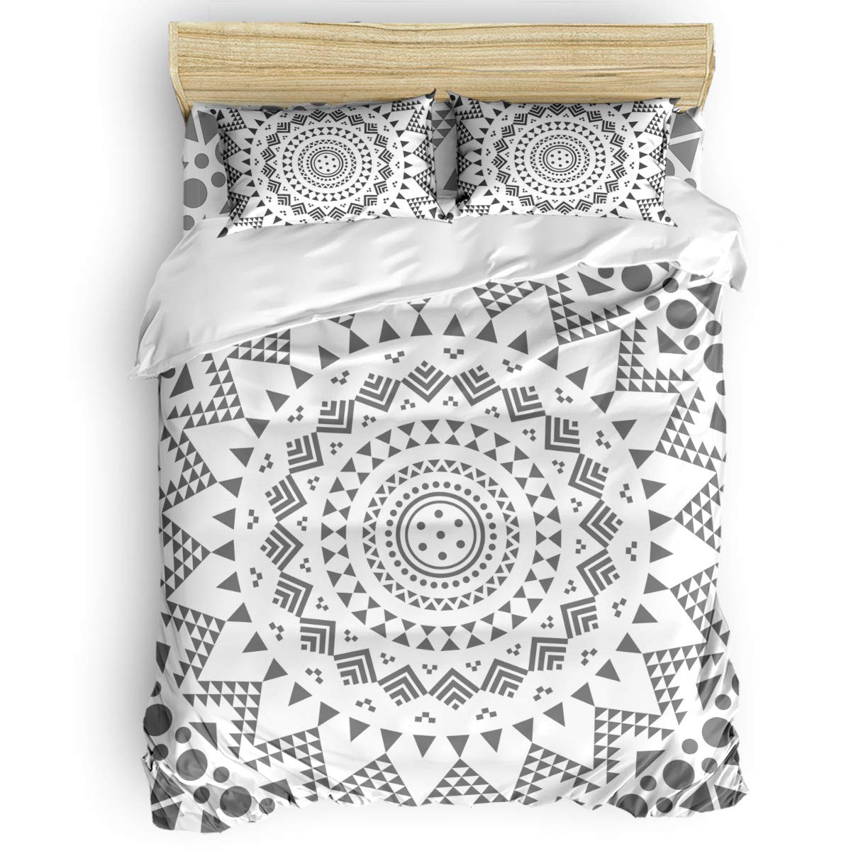 Yogaly 4-Piece King Size Bedding Set - Mandala Geometric Pattern in Gray & White | Includes Duvet Cover, Flat Sheet & Pillowcases | Soft & Breathable for Adults, Teens, Kids & Baby | Perfect for Master Bedroom, Guest Room & Nursery Decor