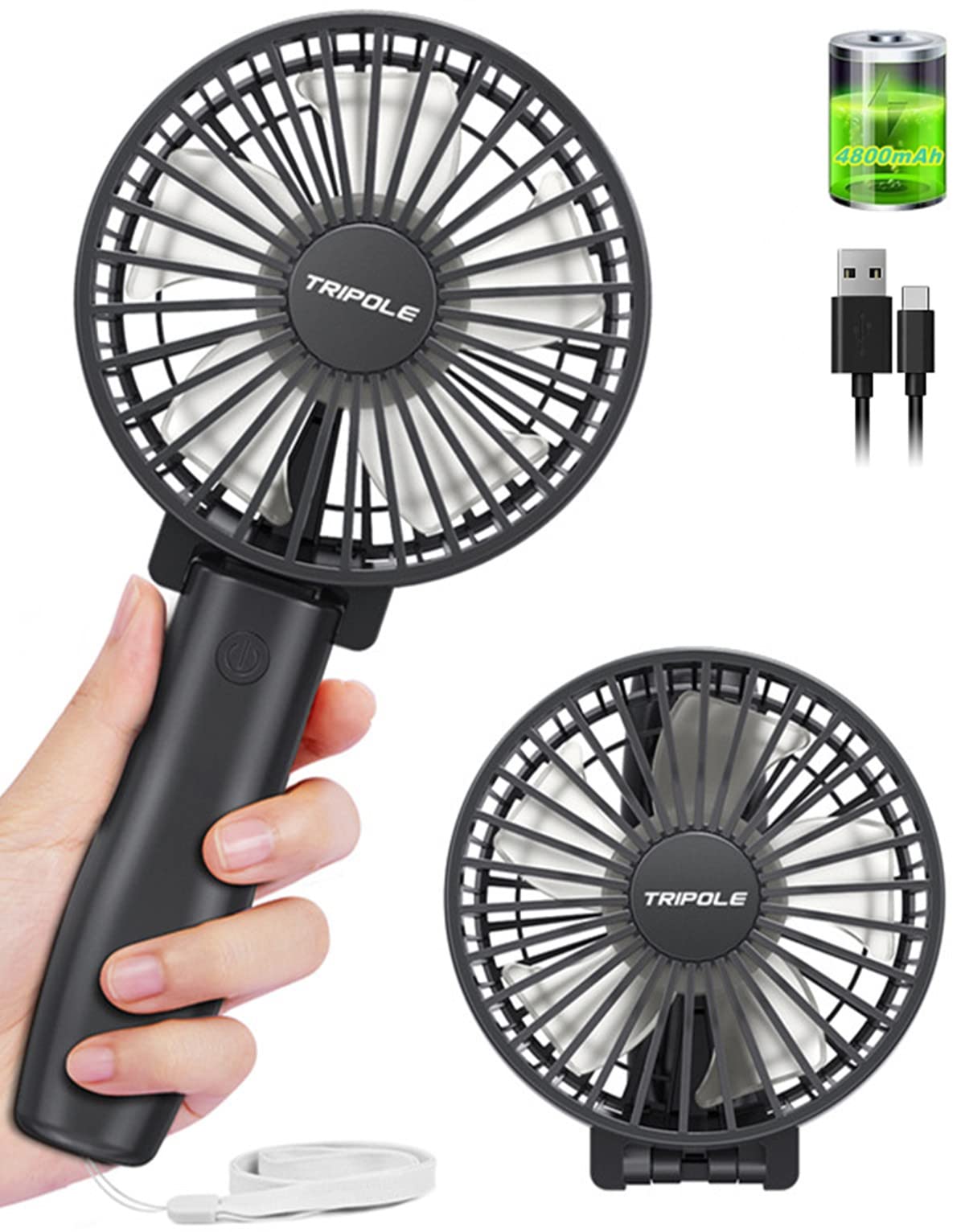 TriPole Rechargeable Handheld Desk Fan - 4800mAh Foldable USB Mini Fan with 3 Speed Settings, 6-21 Hours Runtime, 180° Adjustable - Perfect for Office, Camping, Sports, Travel & Home Use - Black