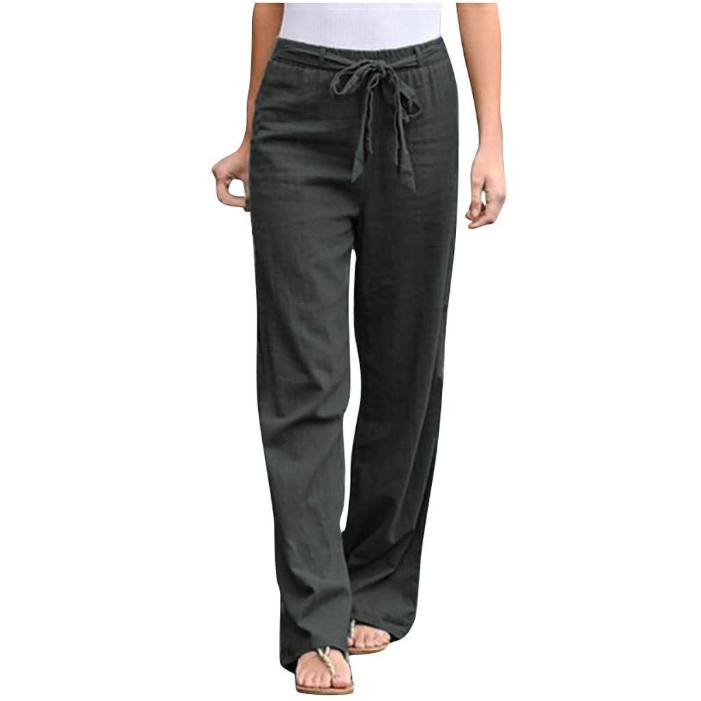 Women's Linen Pants Casual Elastic Waist Long Ankle Pants with Pockets - Comfortable Work Pants for Office, Beach Vacation & Summer Outfits 2022 Fall Collection