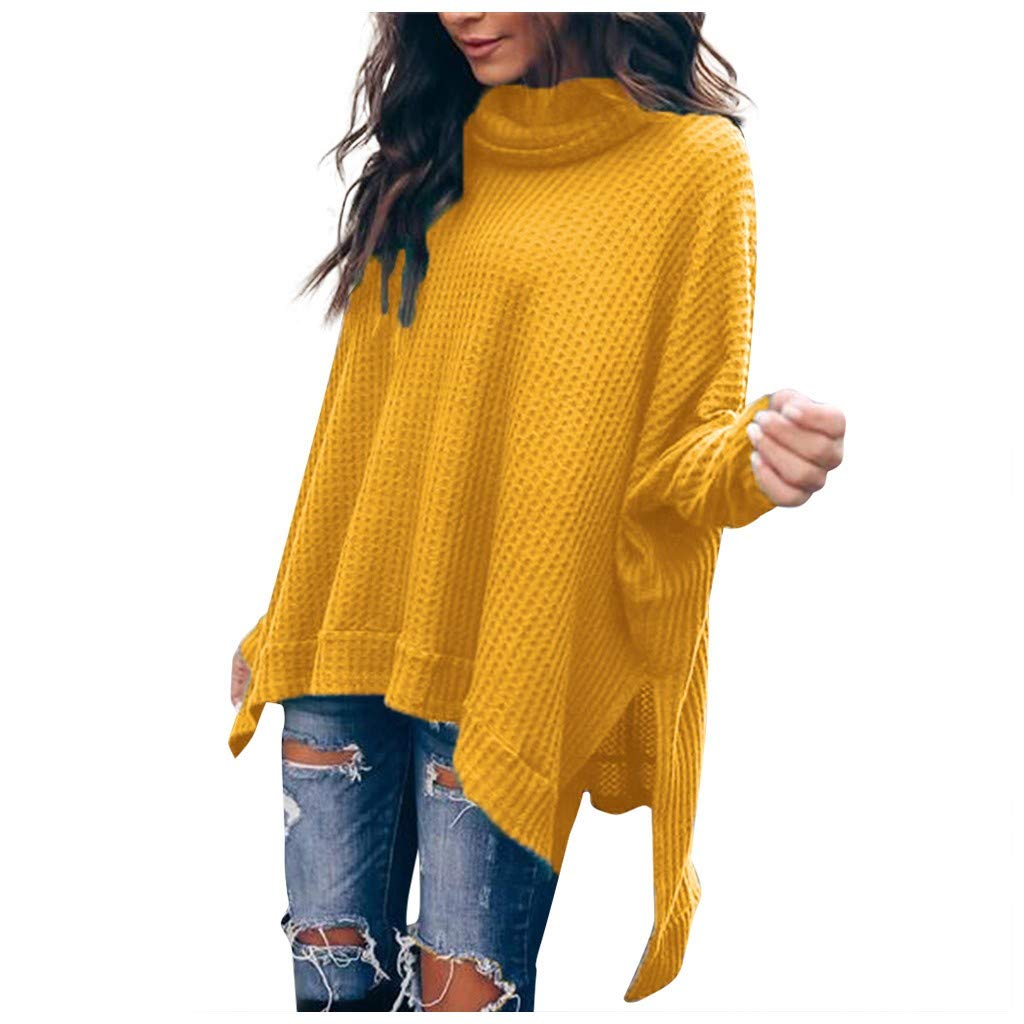Women's V-Neck Long Batwing Sleeve Waffle Knit Pullover Sweater - Oversized Loose Fit High-Low Tunic Top for Casual Wear, Fall & Winter Fashion, Office & Weekend Outfits